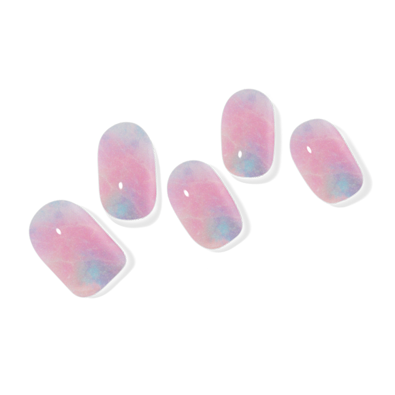 Pastel pink and blue semi-cured gel nail wraps with a glossy finish, reminiscent of sweet cotton candy.