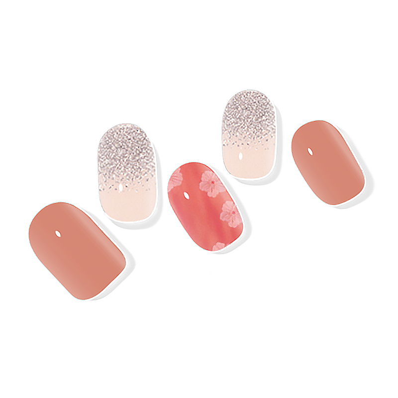 Soft pink semi-cured gel nail wraps with a glossy finish, inspired by the delicate camellia flower.