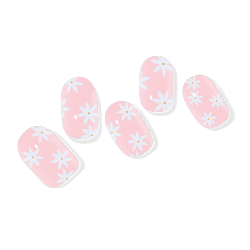 Soft pink semi-cured gel nail wraps featuring delicate white daisy patterns, exuding a springtime charm.