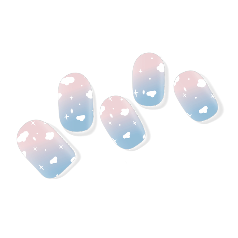 Light blue semi-cured gel nail wraps featuring soft white cloud patterns, evoking a serene sky.