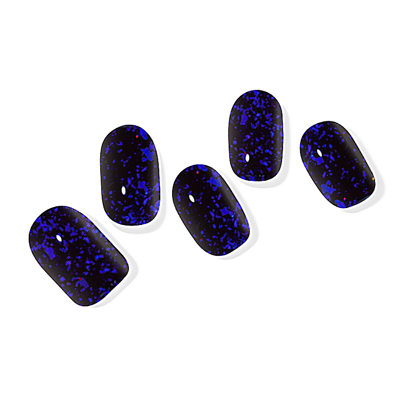 Black semi-cured gel nail wraps embedded with fine multicolored glitter, creating a cosmic galaxy effect.