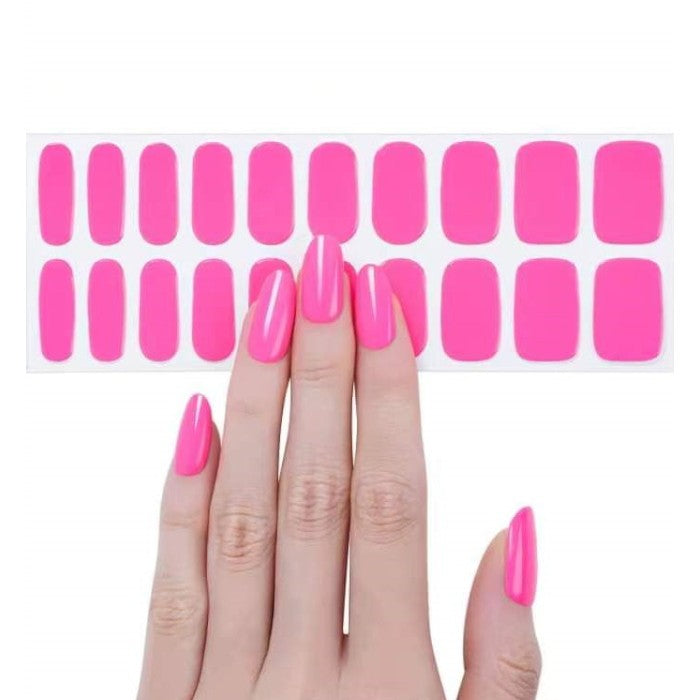 Sticker sheet of vibrant hot pink semi-cured gel wraps, offering a variety of sizes for a customized and flawless application.