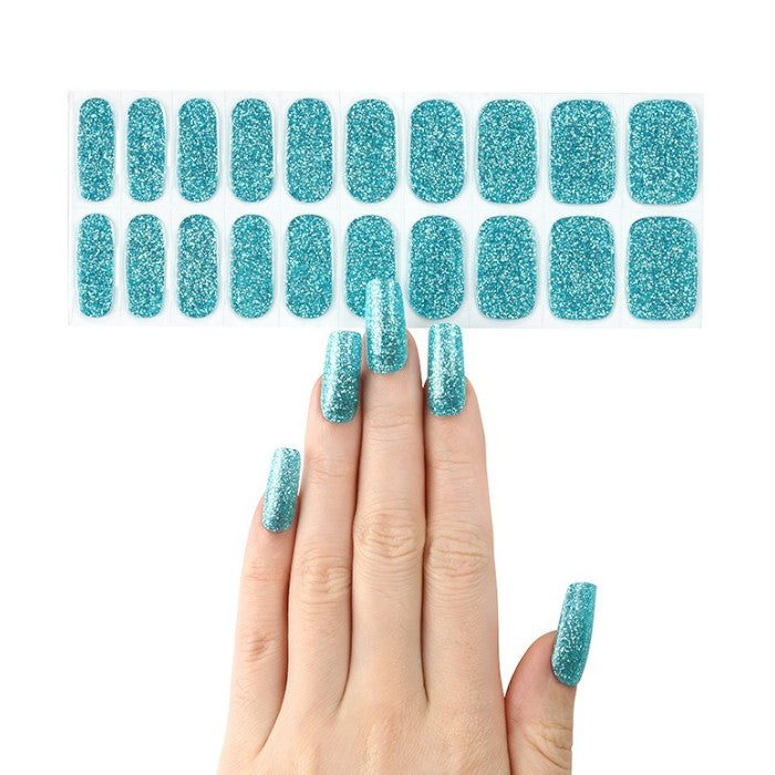Sticker sheet displaying Cerulean Sky semi-cured gel wraps in various sizes, ensuring a tailored fit for each nail.