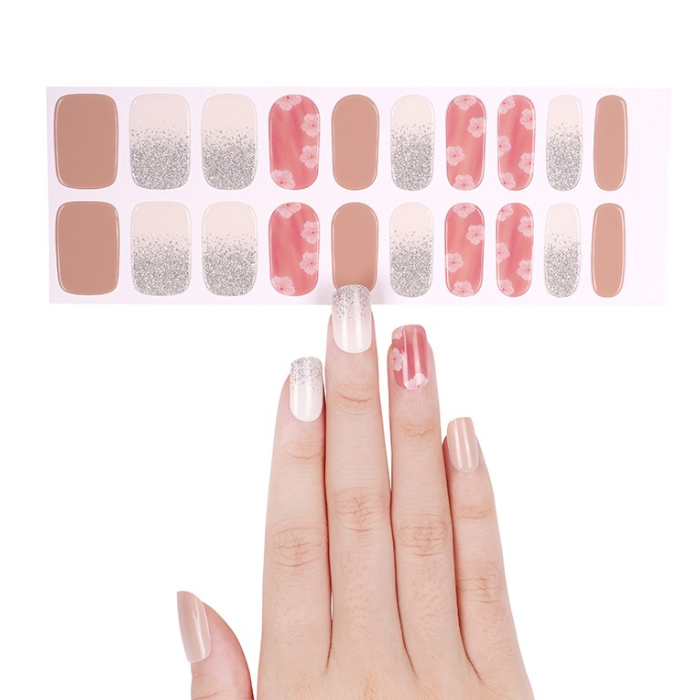 Sticker sheet displaying Camellia semi-cured gel nail wraps in various sizes for a perfect fit.