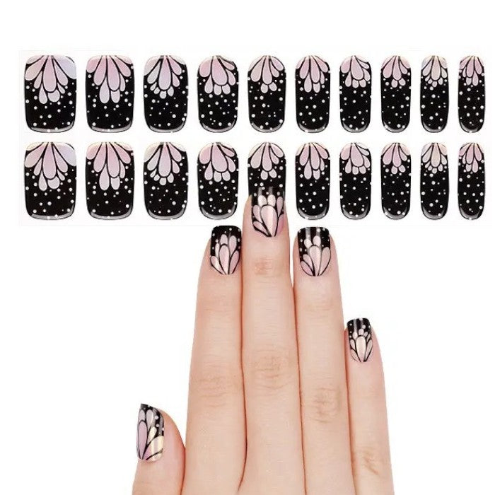 Sticker sheet of Gangnam semi-cured gel nail wraps in assorted sizes for a seamless application.