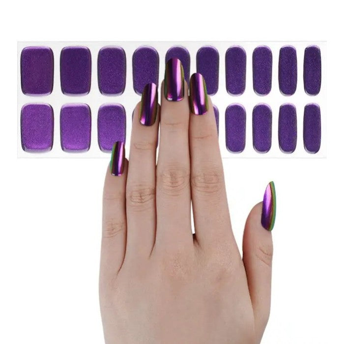 Sticker sheet showcasing purple chrome gel nail wraps with a subtle shimmer in assorted sizes.