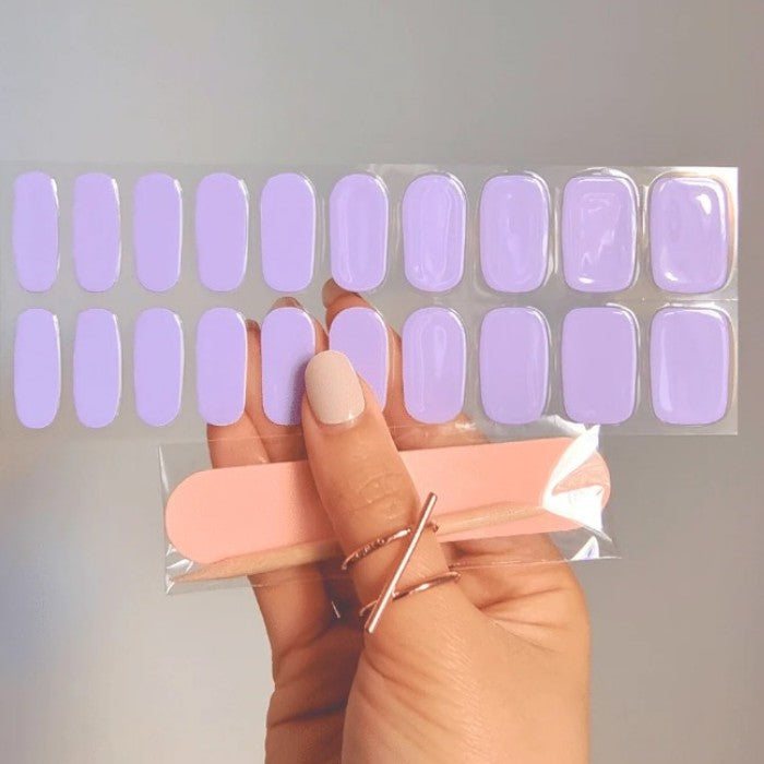 Sticker sheet of soft lavender semi-cured gel wraps, featuring multiple sizes for a salon-quality, easy-to-apply manicure.