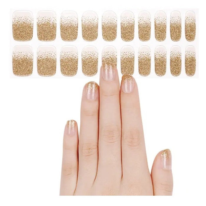 Sticker sheet featuring Golden Glam gel wraps in multiple sizes.