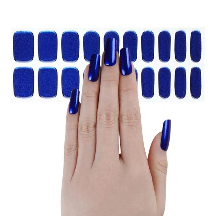 Sticker sheet displaying vibrant electric blue gel nail wraps in various sizes for a customizable fit.