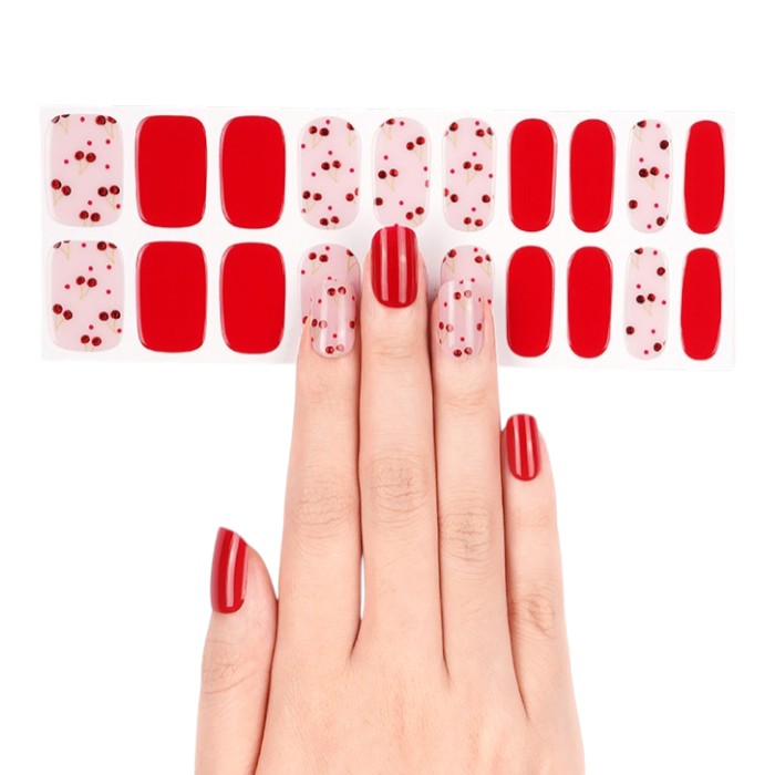 Sticker sheet of Cherry-Licious gel nail wraps in various sizes for a seamless fit.