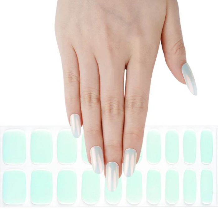 Sticker sheet of deep sea blue semi-cured gel wraps, providing various sizes for a flawless and long-lasting application.