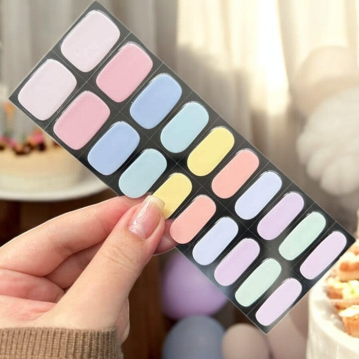 Sticker sheet of soft pastel semi-cured gel wraps, offering various sizes for a customizable and seamless application.