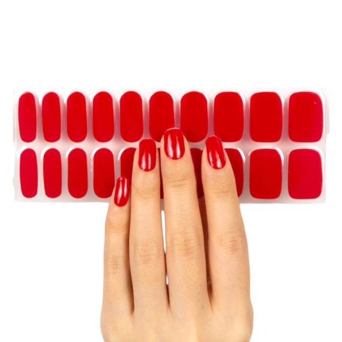 Sticker sheet of classic lipstick red semi-cured gel wraps, featuring multiple sizes for a seamless and professional-quality application.