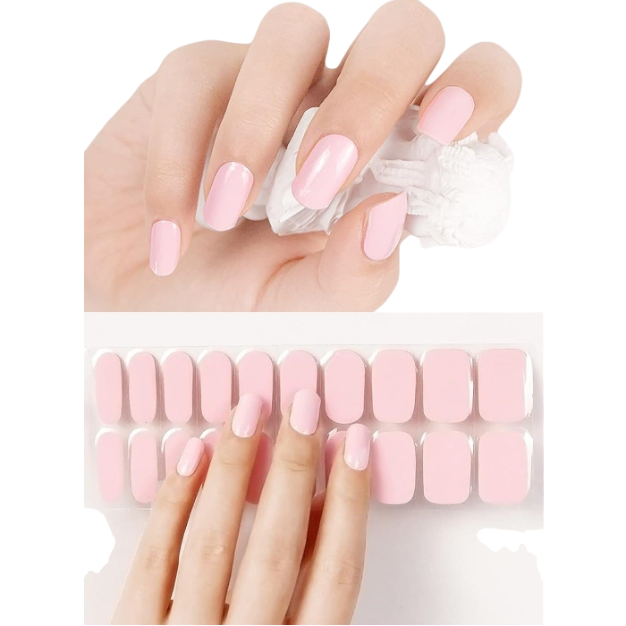 Soft pink semi-cured gel wrap sticker sheet with various nail sizes. Easy to apply, HEMA-free, and designed for a damage-free removal process