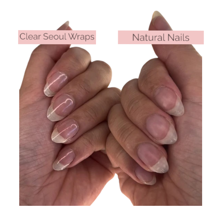 Natural-looking transparent gel nail wraps applied for a subtle shine.