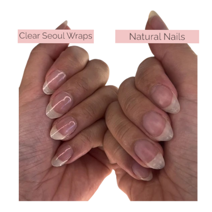 Natural-looking transparent gel nail wraps applied for a subtle shine.